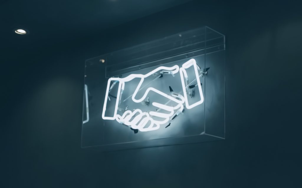 Page banner of a sign of two hands shaking representative of the sourcing and distribution partnerships that Titanic Sales builds with its clients